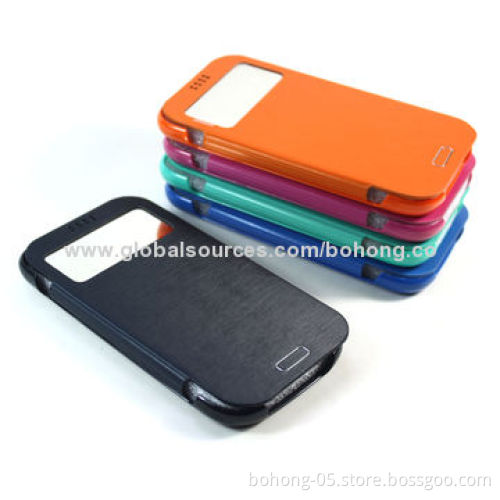 Original Imitated PU Grain with Drawing Line Grain PC Bottom Mirror Folio Case for Samsung Galaxy S3
